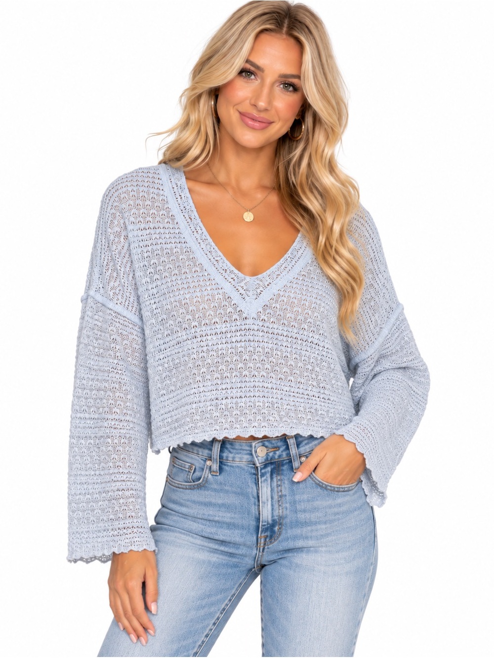 Altar’d State Size Small Light Blue V-Neck Knit Crop Sweater